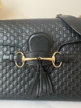 Gucci Black Embossed Leather Shoulder Bag with Gold Horsebit and Tassel